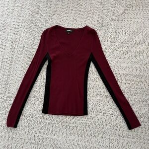 Express Maroon and Black Long Sleeve V-Neck Top